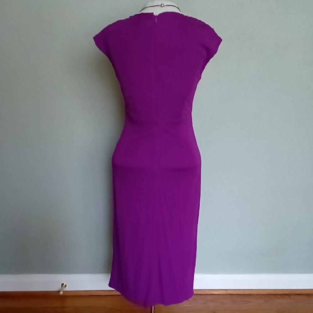 Nanette Lepore Ruched Faux Wrap Magenta Midi Dress V-Neck Stretch Jersey Size 2 - Picture 5 of 8
